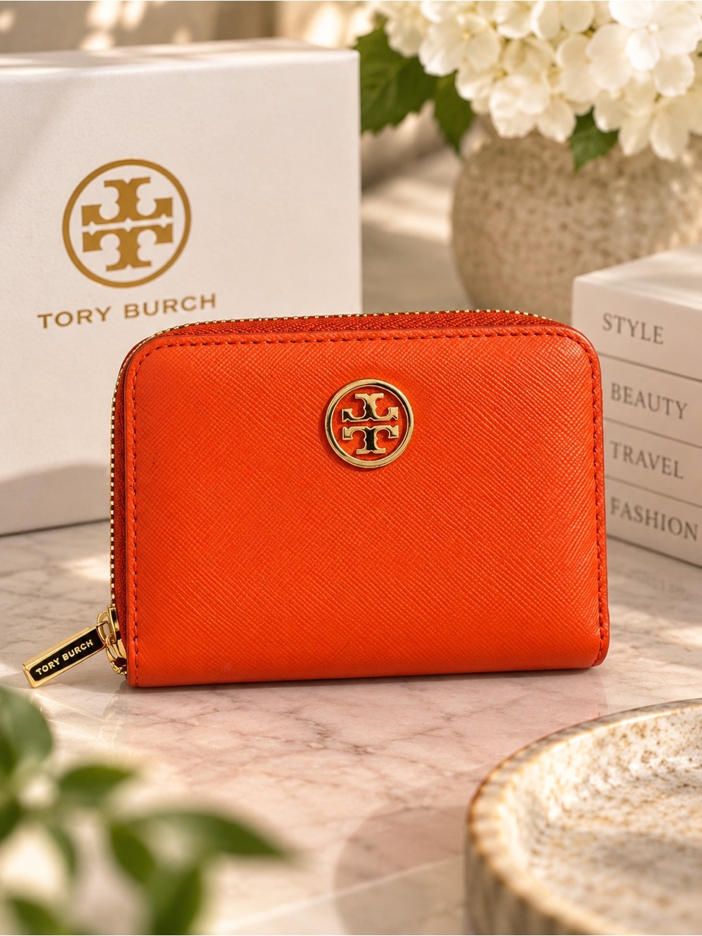 Tory Burch Red-Orange Robinson Saffiano Leather Zip Coin Card Wallet